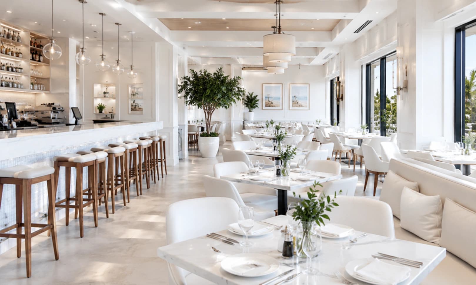 Elegant restaurant dining area set for service