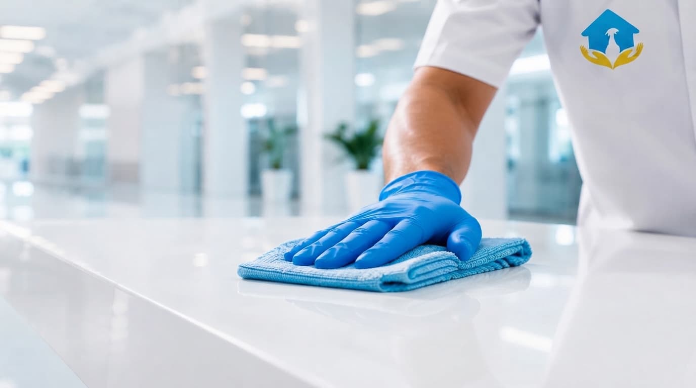Hands sanitizing a surface with a spray bottle