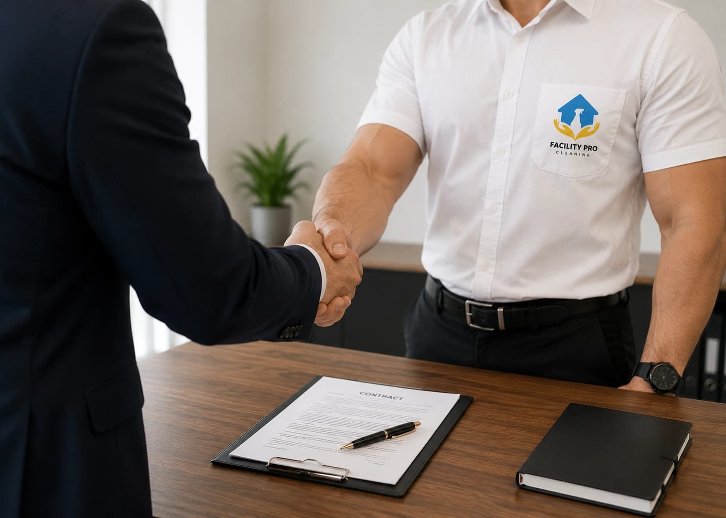 Facility Pro Cleaning representative shaking hands with a client after signing a service agreement